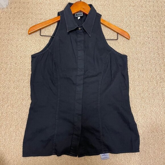 Vintage Versace Jeans Couture Sleeveless Button Up Blouse Black - Picture 9 of 14